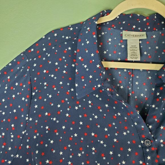 Catherines Womens Navy Blue Star Lightweight Button Up Tunic Blouse Size 3XWP - Picture 4 of 5